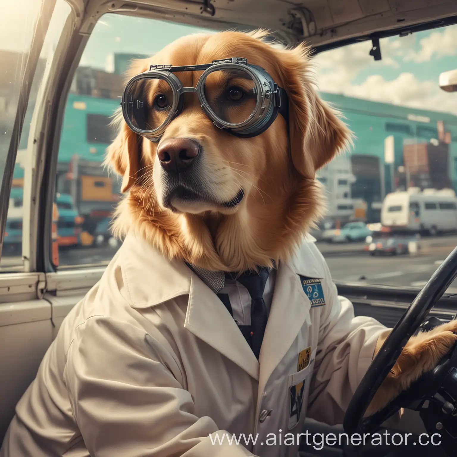 A golden retriever wearing a lab coat and protect goggles , driving a flying van , retro vibe ,cyberpunk