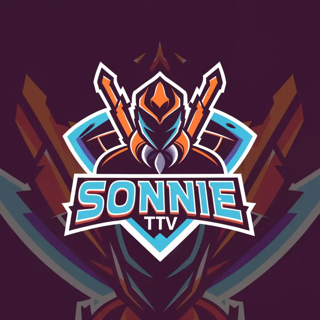 a logo design,with the text "Sonnie
TTV
", main symbol:Cyberpunk Knight With Blades and Gun
Orange, Light Blue, Dark Blue, Purple
Sun in Background,complex,be used in Entertainment industry,clear background