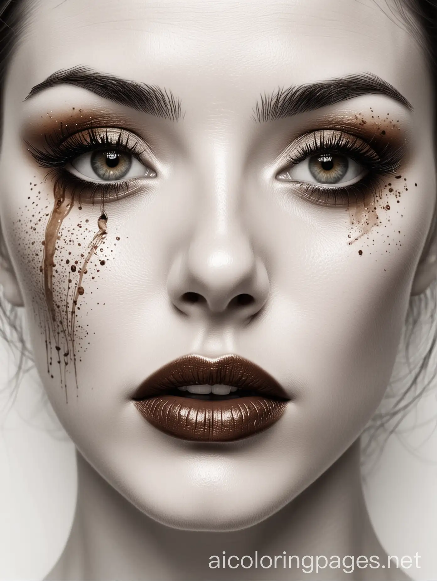 An eye-catching masterpiece of coffee on a white surface, black coffee stains are skillfully manipulated to create a stunning close-up of a woman's face, highlighting her eyes, lips and cheekbones through contrasting shades of white and black. The pure white background highlights the artist's exceptional talent, turning an ordinary accident into a magical work of art , Coloring Page, black and white, line art, white background, Simplicity, Ample White Space.