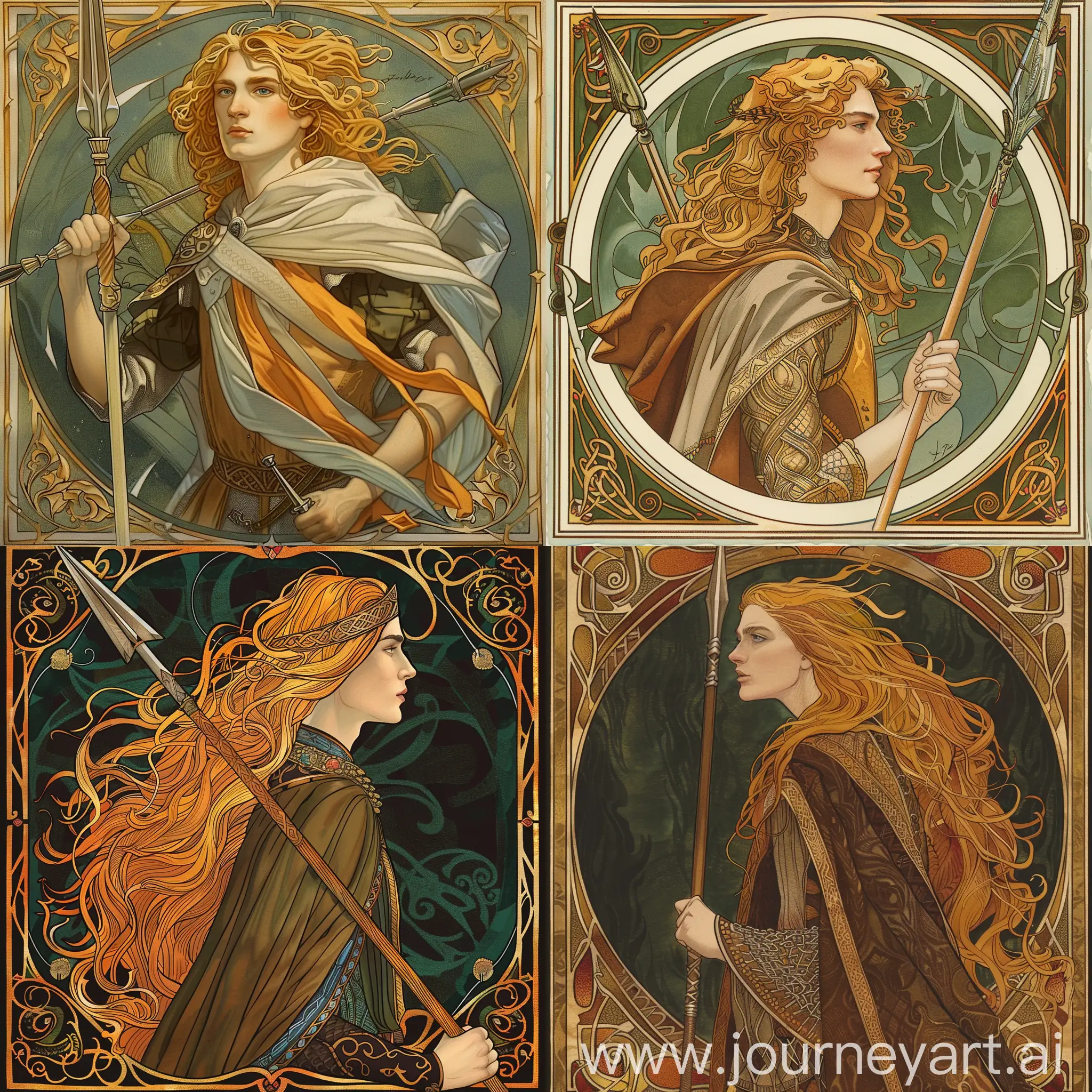 Young beautiful man with long golden hair, in the mantle, with spear, art nouveau, illustration