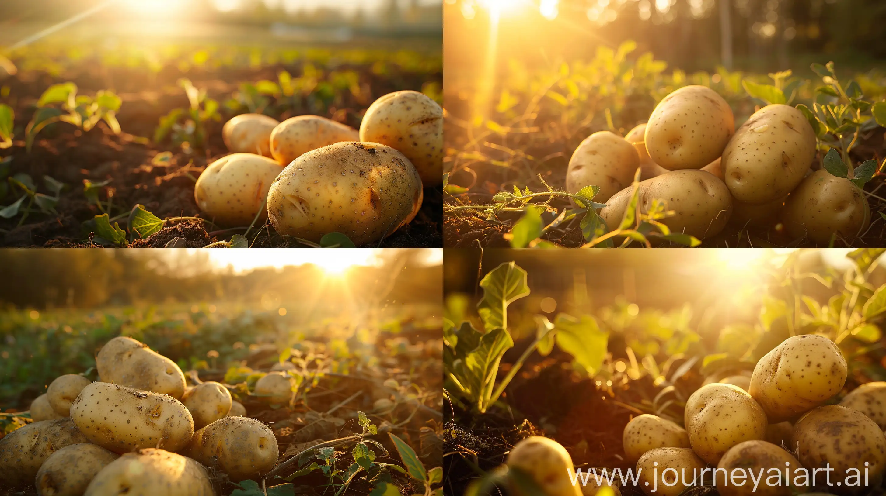 High detailed photo capturing a Potato, Kennebec. The sun, casting a warm, golden glow, bathes the scene in a serene ambiance, illuminating the intricate details of each element. The composition centers on a Potato, Kennebec. A popular all-purpose potato with smooth skin and texture, and white flesh that resists late blight and yields heavily at midseason. One package can yield 50-80 lb. of potatoes. Mini-tubers have 3-5 eyes each. Complete instructions are included.. The image evokes a sense of tranquility and natural beauty, inviting viewers to immerse themselves in the splendor of the landscape. --ar 16:9 