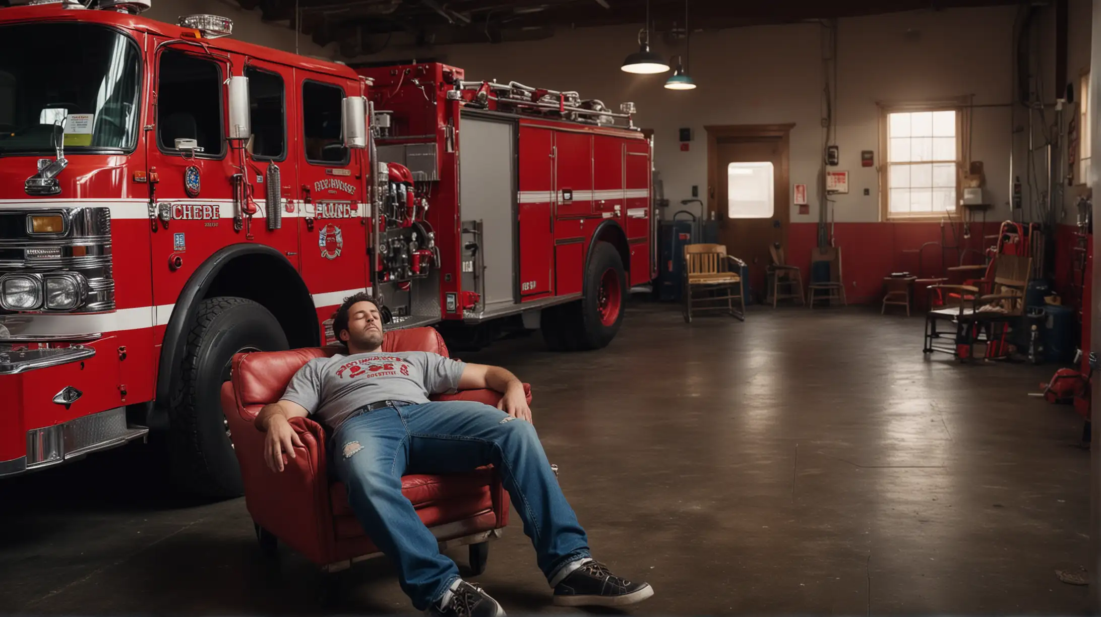 Interior of a firehouse, 1 large red firetruck, 1 man in a teeshirt and jeans asleep in a chair. Cinematic lighting, photographic quality, vibrant colors.