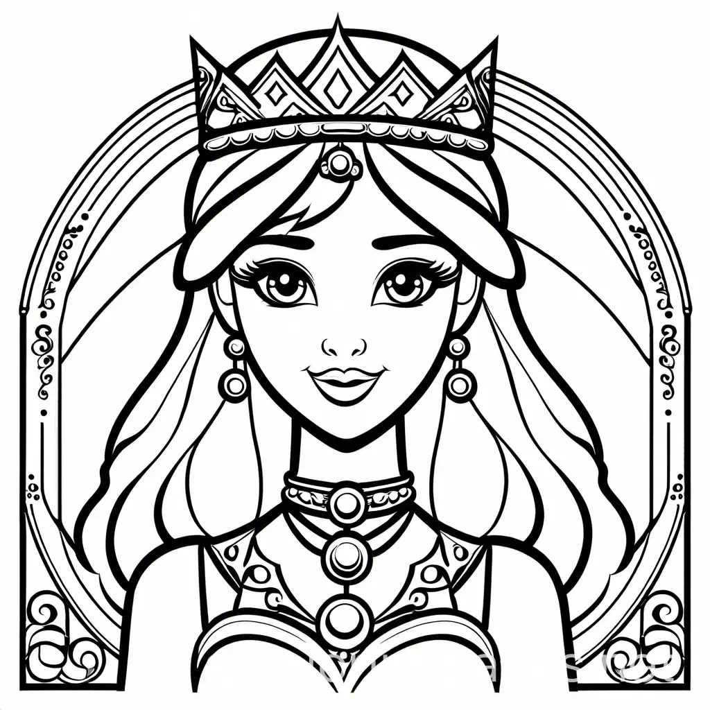princess Lyra, Coloring Page, black and white, line art, white background, Simplicity, Ample White Space. The background of the coloring page is plain white to make it easy for young children to color within the lines. The outlines of all the subjects are easy to distinguish, making it simple for kids to color without too much difficulty