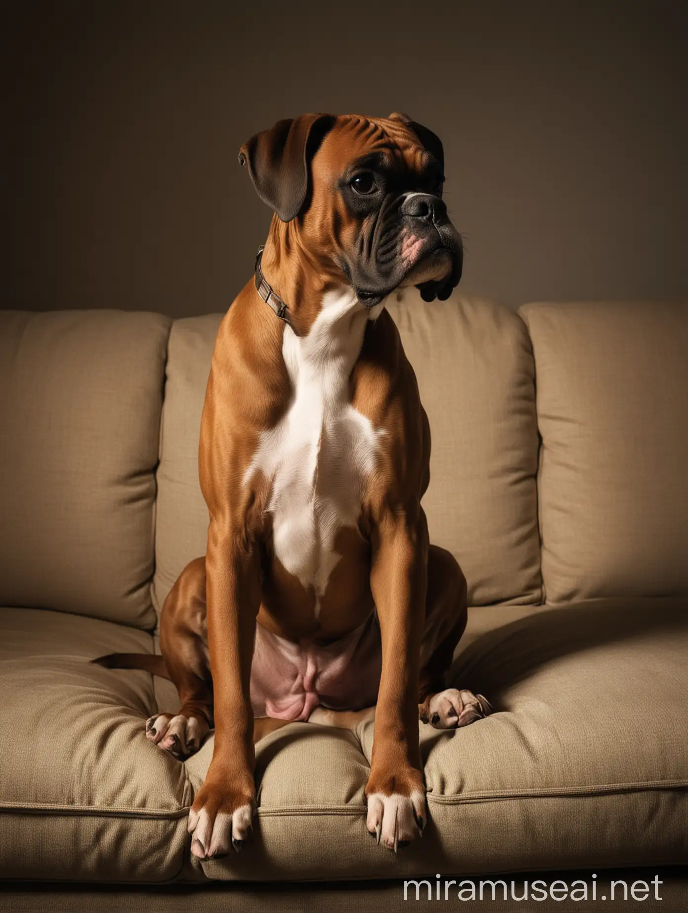 Dramatic Lighting Portrait Boxer Dog Sitting on Sofa