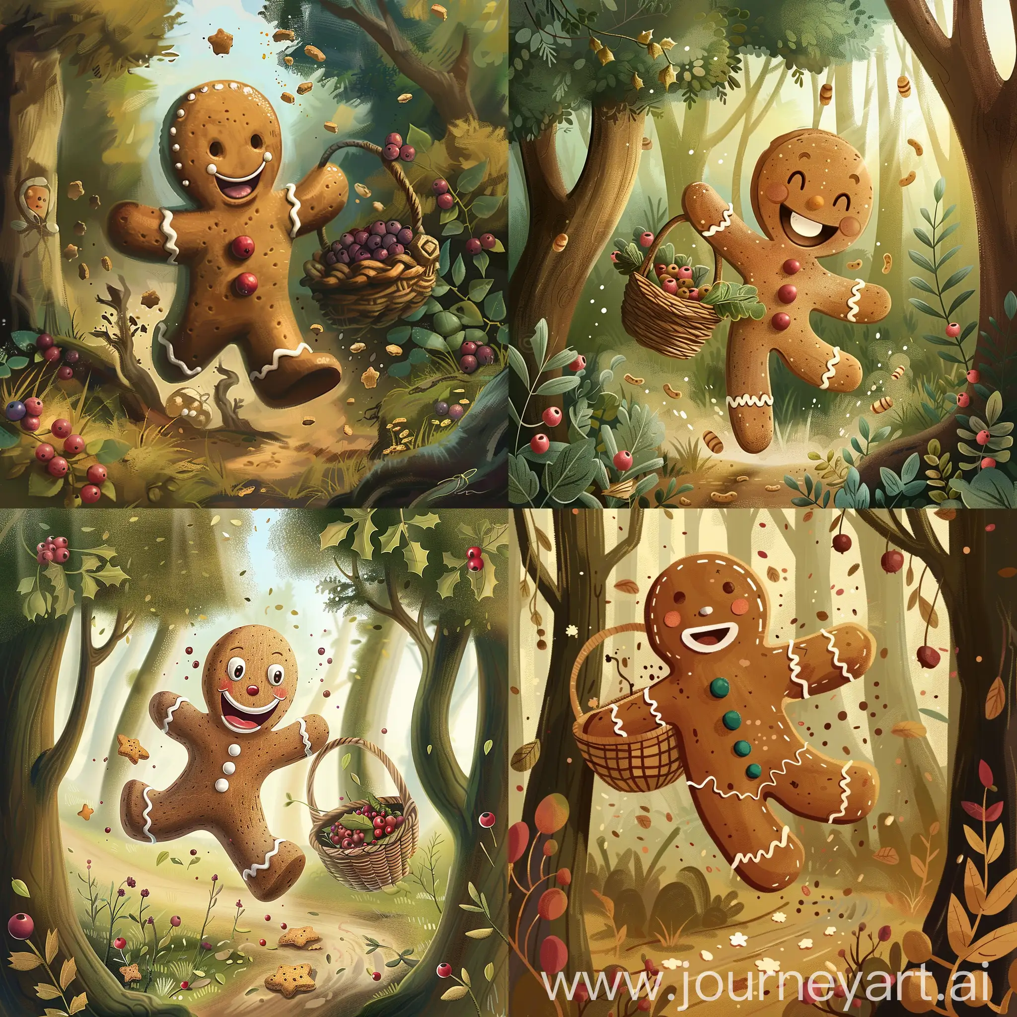 A whimsical illustration of a gingerbread man (kolobok) smiling.  He’s running through a forest with a basket of berries and a trail of crumbs behind him. Style: cartoon. children’s book illustration.
