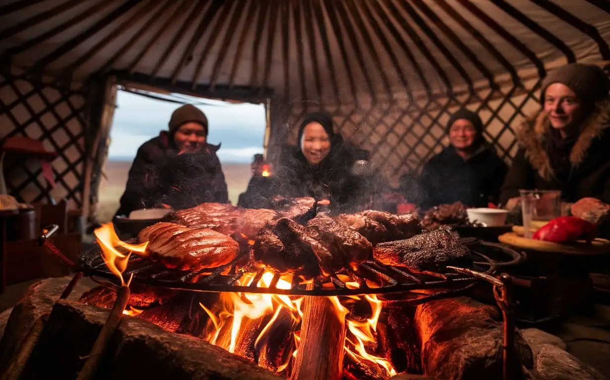 A traditional Mongolian barbecue in a yurt with steppe vibes, photographed in an ethnic style with warm bonfire light, a low-angle shot, and a rugged composition, showcasing the wild and flavorful nature of the grilled meat.