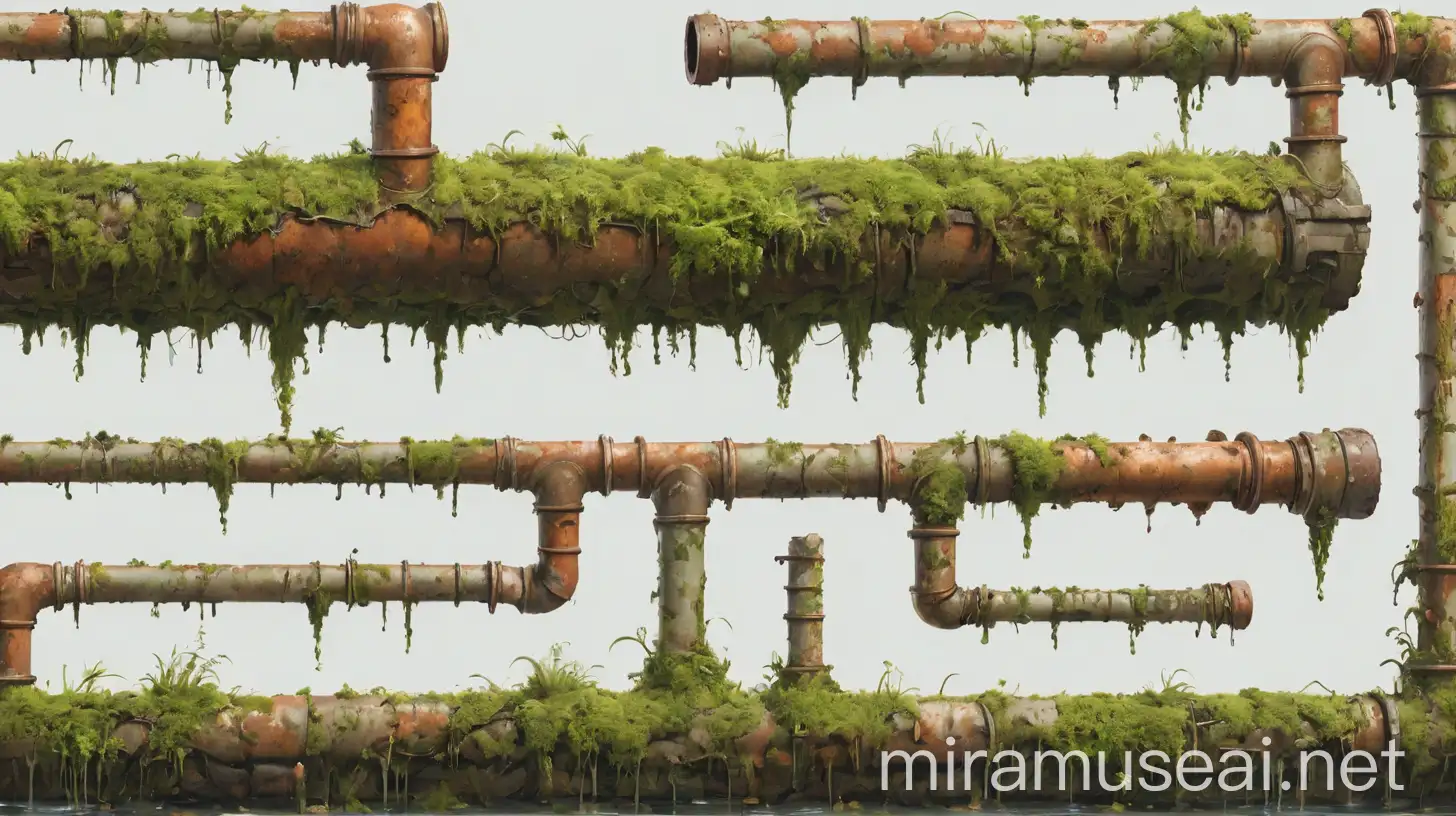 moss, rusted pipes, and subtle water damage, well cut, with 100% white background, digital drawing, sprite sheet, spread sheet, trending on artstation