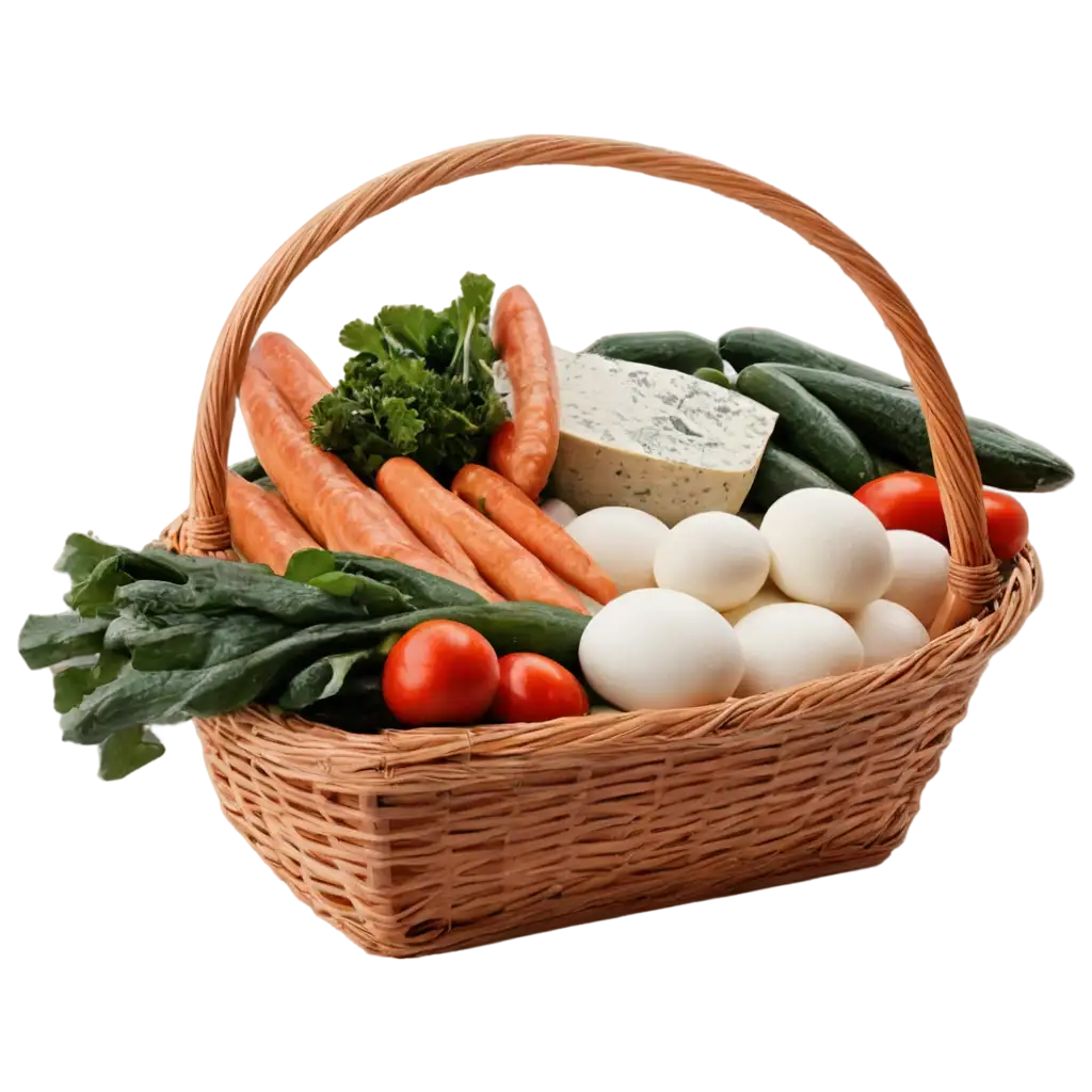 A market basket filled with vegetables, fisch, eggs, sausages, milk, cheese