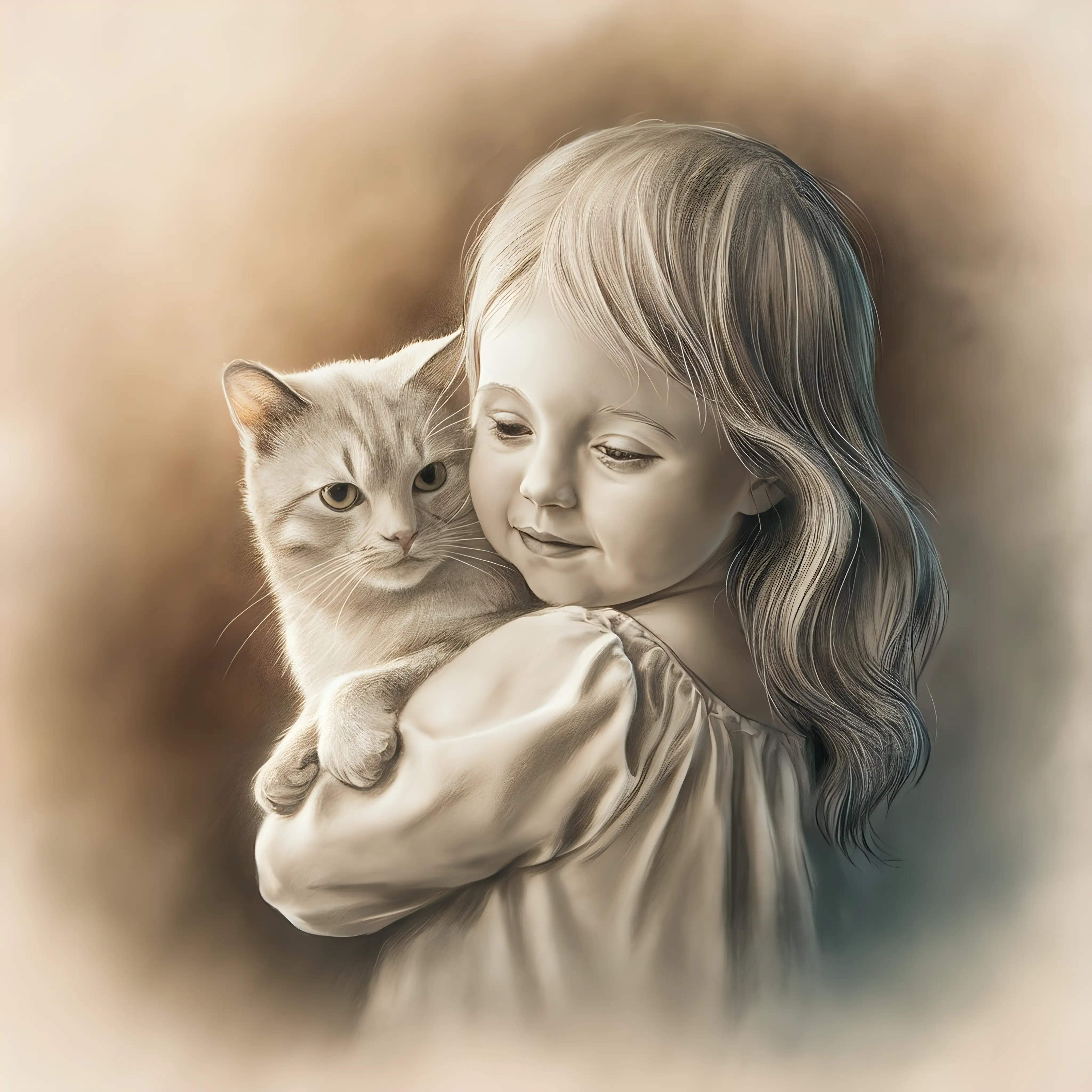en blyertsteckning av en liten flicka som håller i en katt