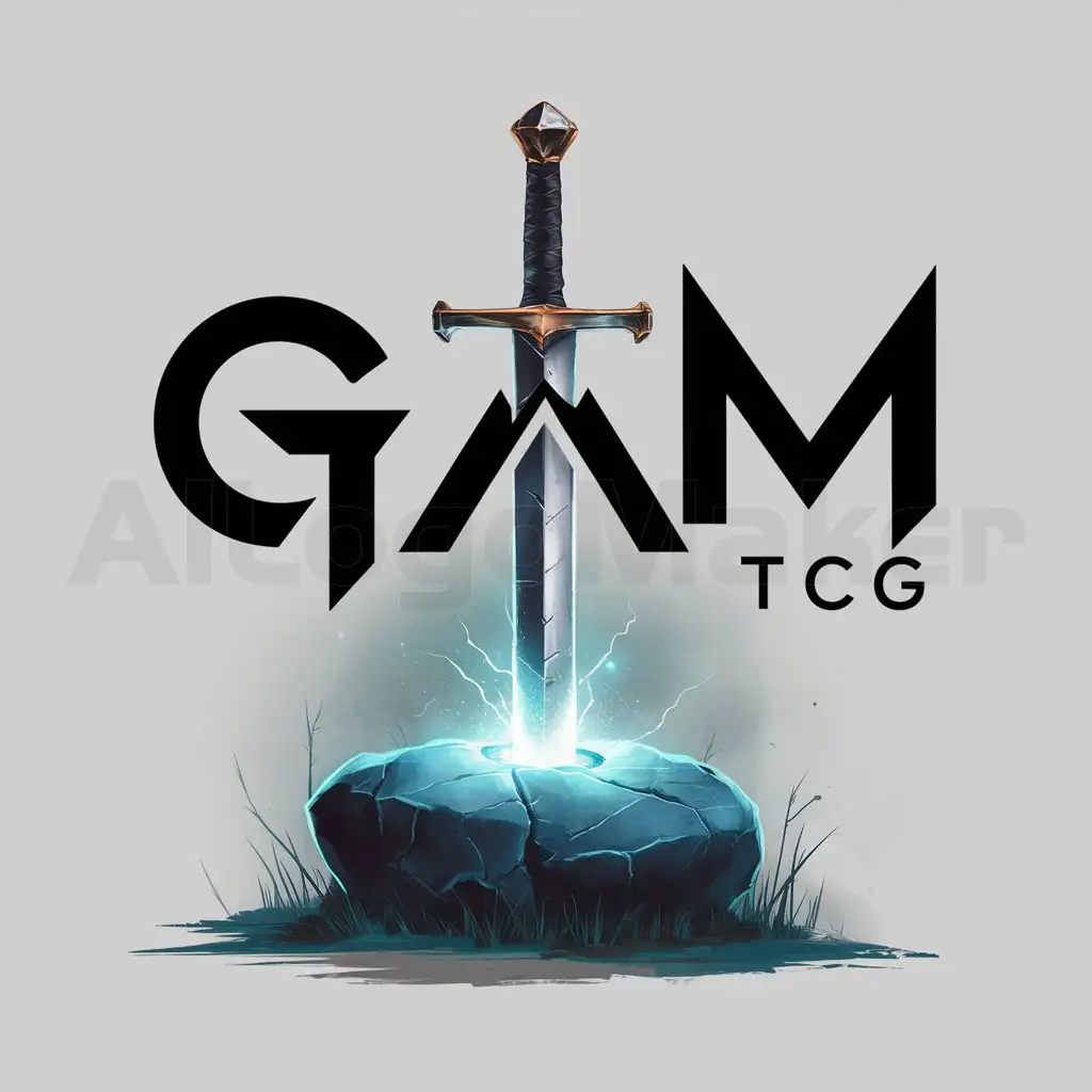 a logo design,with the text "Gram TCG", main symbol:Sword in stone,complex,clear background