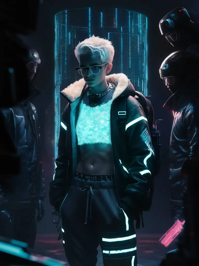 teen femboy hacker, white hair, outfit with bioluminescent details, jacket over fluffy top, backpack, dystopian cyberpunk, dark shadows, fluffy fur-trim, holograph, matrix
