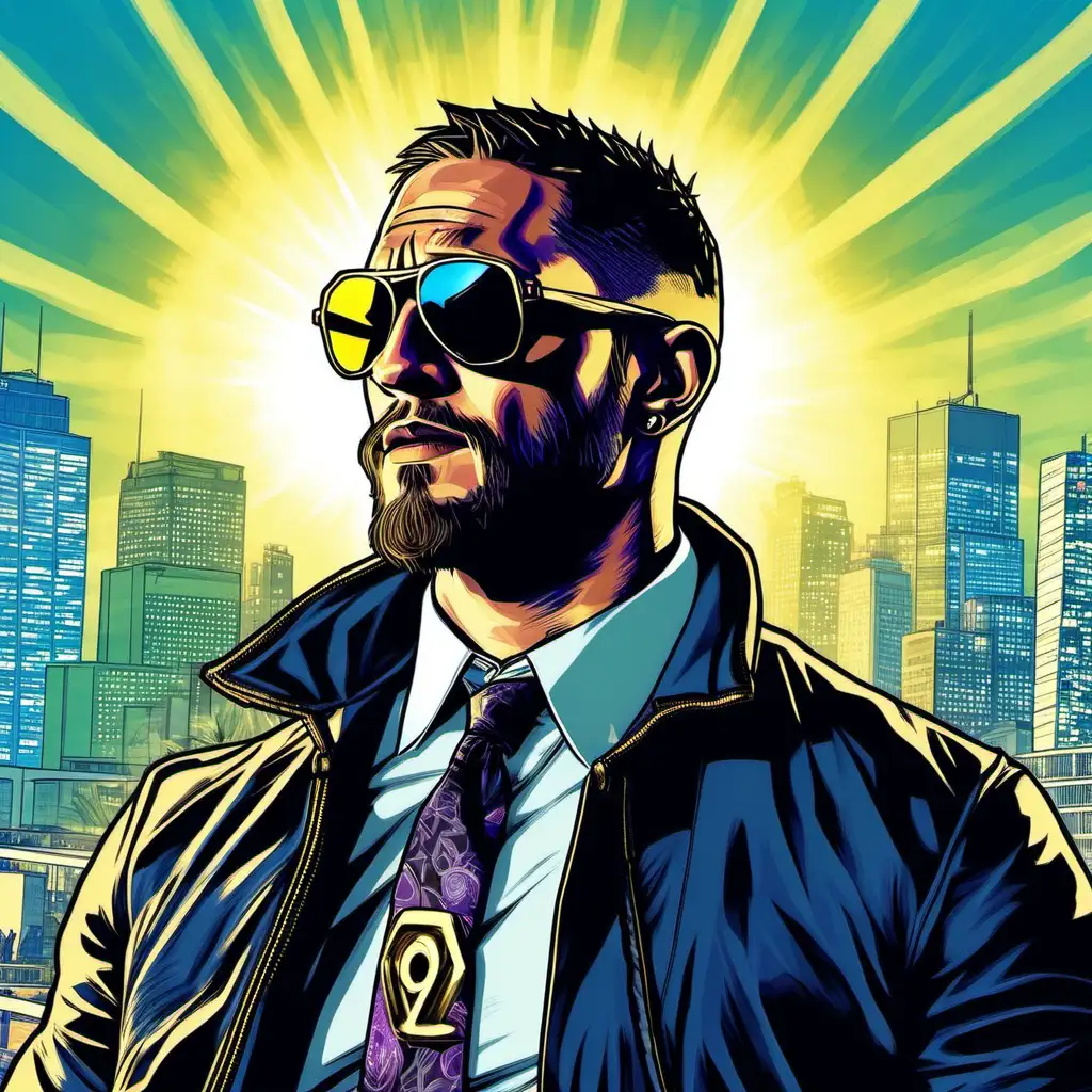 Tom Hardy, the world in the background, golden prophet, blue light aura, wearing sun glasses, GTA 5 style artwork.
