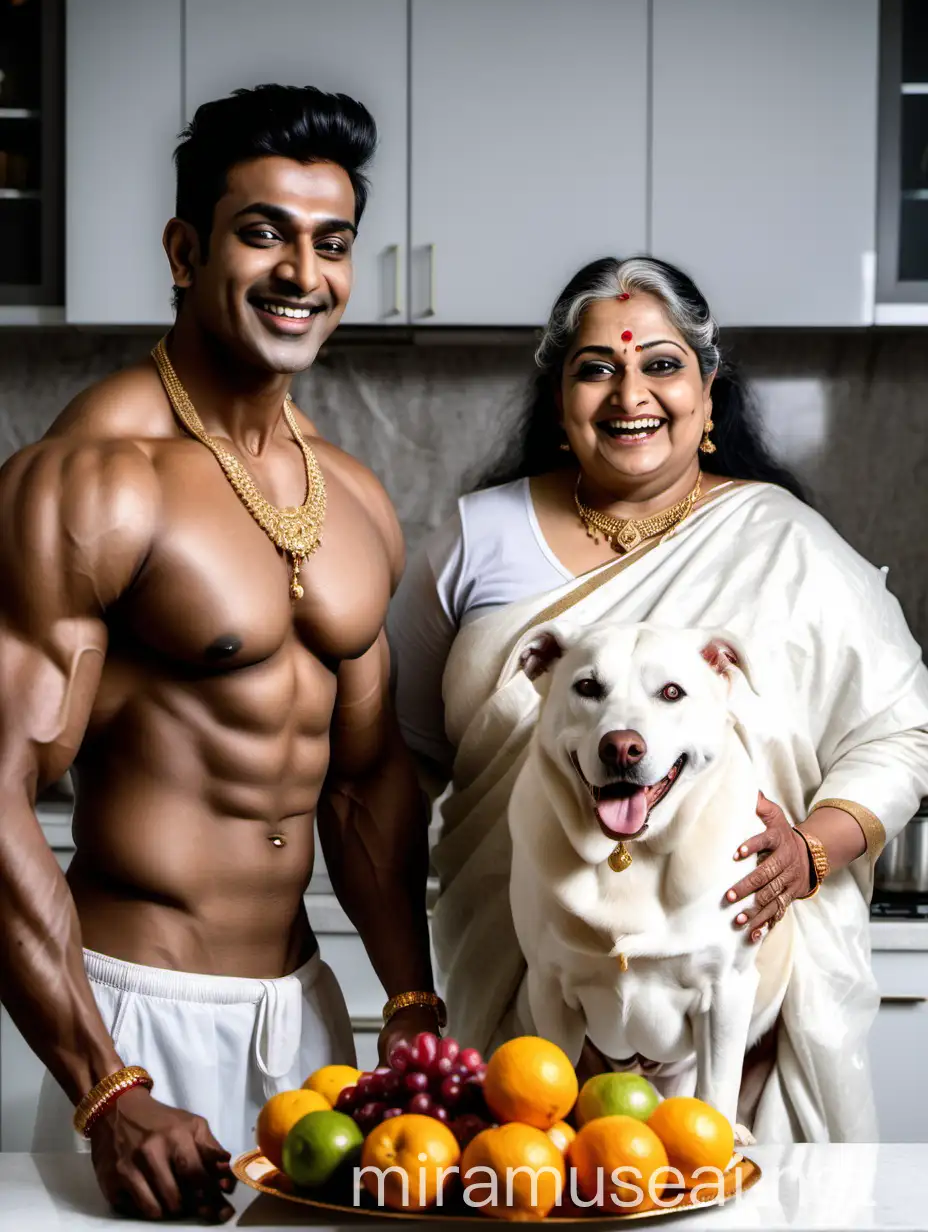 Muscular Indian Man Lifting Happy Woman in Luxurious Kitchen Scene
