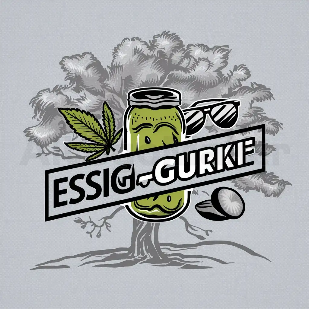 a logo design,with the text "Essiggurke", main symbol:pickles jar, weed leaf, sun glasses, comic style, seed, tree,Moderate,be used in Others industry,clear background