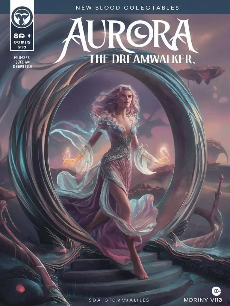  "Design an 8k #1 comic book cover with bold print for 'New Blood Collectables' featuring 'Aurora, the Dreamwalker.' Use FSC-certified uncoated matte paper, 80 lb (120 gsm), with a slightly textured surface. Aurora is depicted stepping through a portal into a realm of dreams, her eyes glowing with dream magic. The backdrop features a dreamlike landscape with floating islands and surreal elements. The cover highlights her mystical presence and the power of her dreamwalking abilities, with intricate details in her gown and the ethereal glow around her. Specifications: Add_Details\_XL-fp16 algorithm, 3D octane rendering style (3DMM\_V12) with the mdjrny-v4 style, infused with global illumination --q 180 --s 275 --ar 3:4 --chaos 500 --w 500." (This input is already in English, so no translation is necessary.)