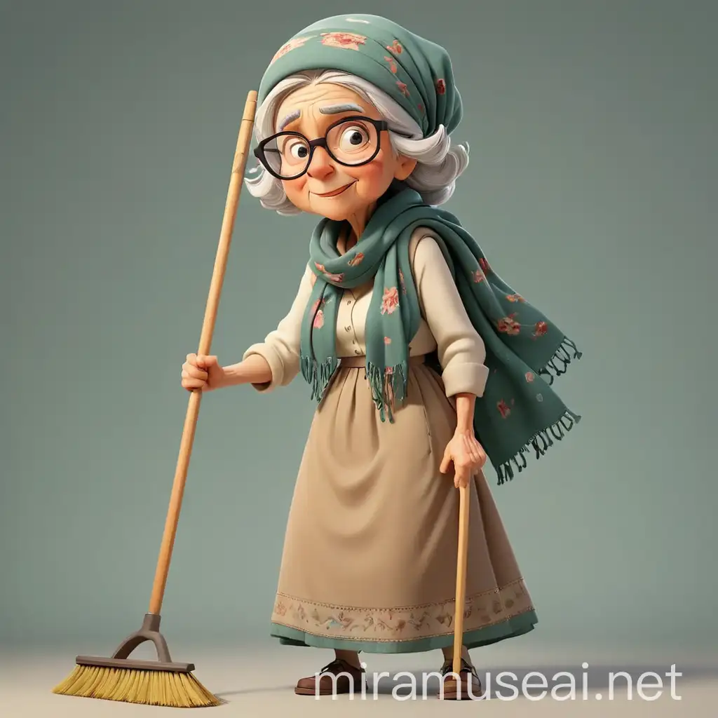 2D cartoon, grandmother with a scarf on her head, a sweater, long skirt, eye glasses
