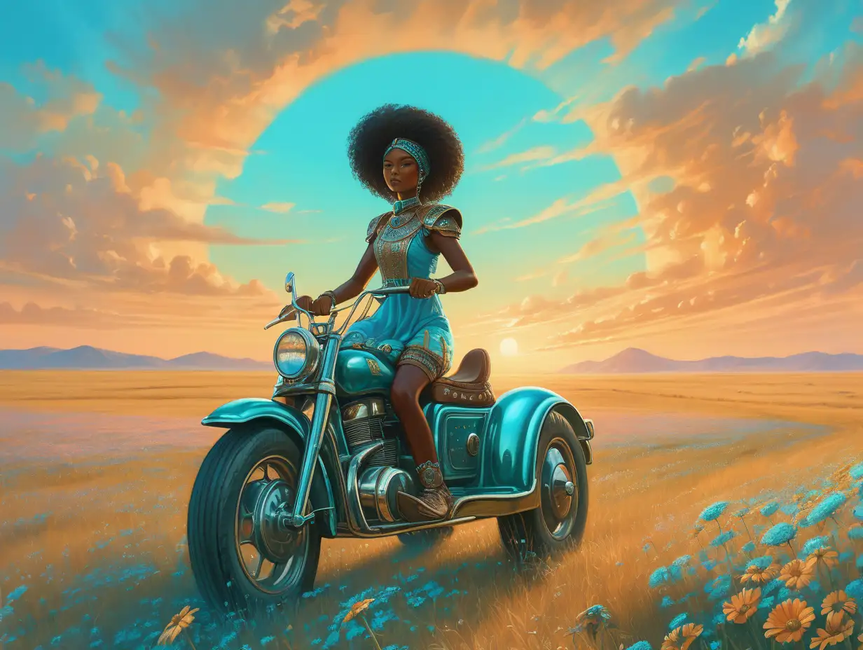 Тёмнокожая девушка за рулём фантастического флаера летит над самой землёй в цветущей степи под нежно бирюзовым небом на рассвете