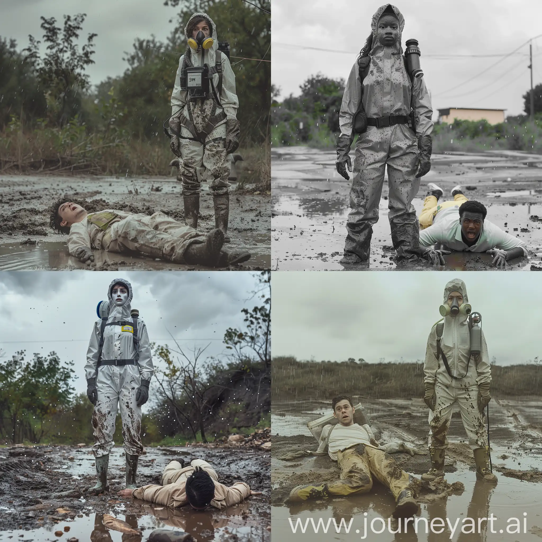full-length vivid colored photo of two persons
background: outdoor, rainy day, wet muddy ground 
person 1: woman wears protective gear, the strong Trellchem fullbody hazmat overall suit with hood, face fully covered with 3M fullface gasmask, rubber gloves, rubber shoes, no exposed skin, everything is sealed, oxygen tanks on the back, stand straight, confident, drops of mud on suit
person 2: scared man in light casual outfit lays on the ground