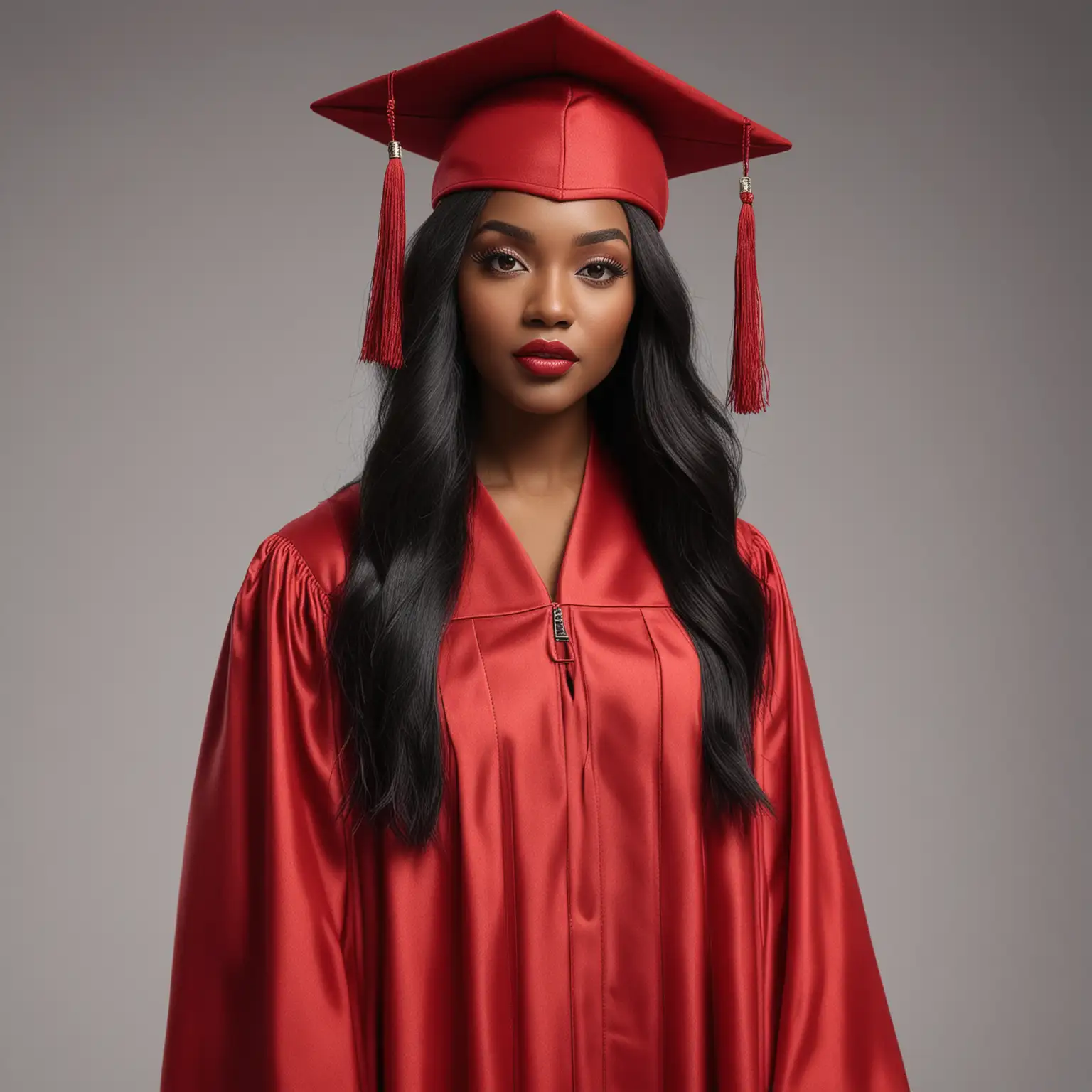 Professional mockup photo of a beautiful black female wearing a red graduation cap and gown with long black straight hair with glam makeup and long eyelashes, full body showing out the gown, hyper-realistic, facing camera, studio lighting, full body, 7mm lens, white background 
