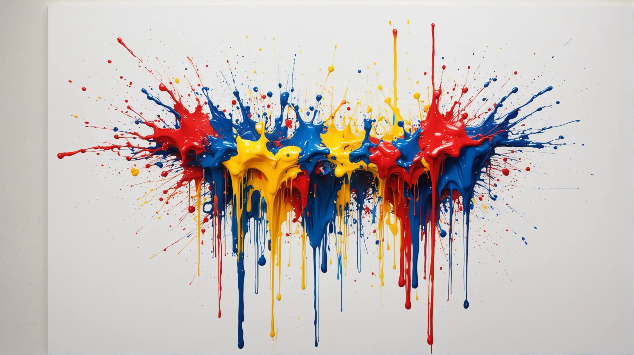Create an abstract painting of a splash of primary colors on a white back round that has along dripping effect