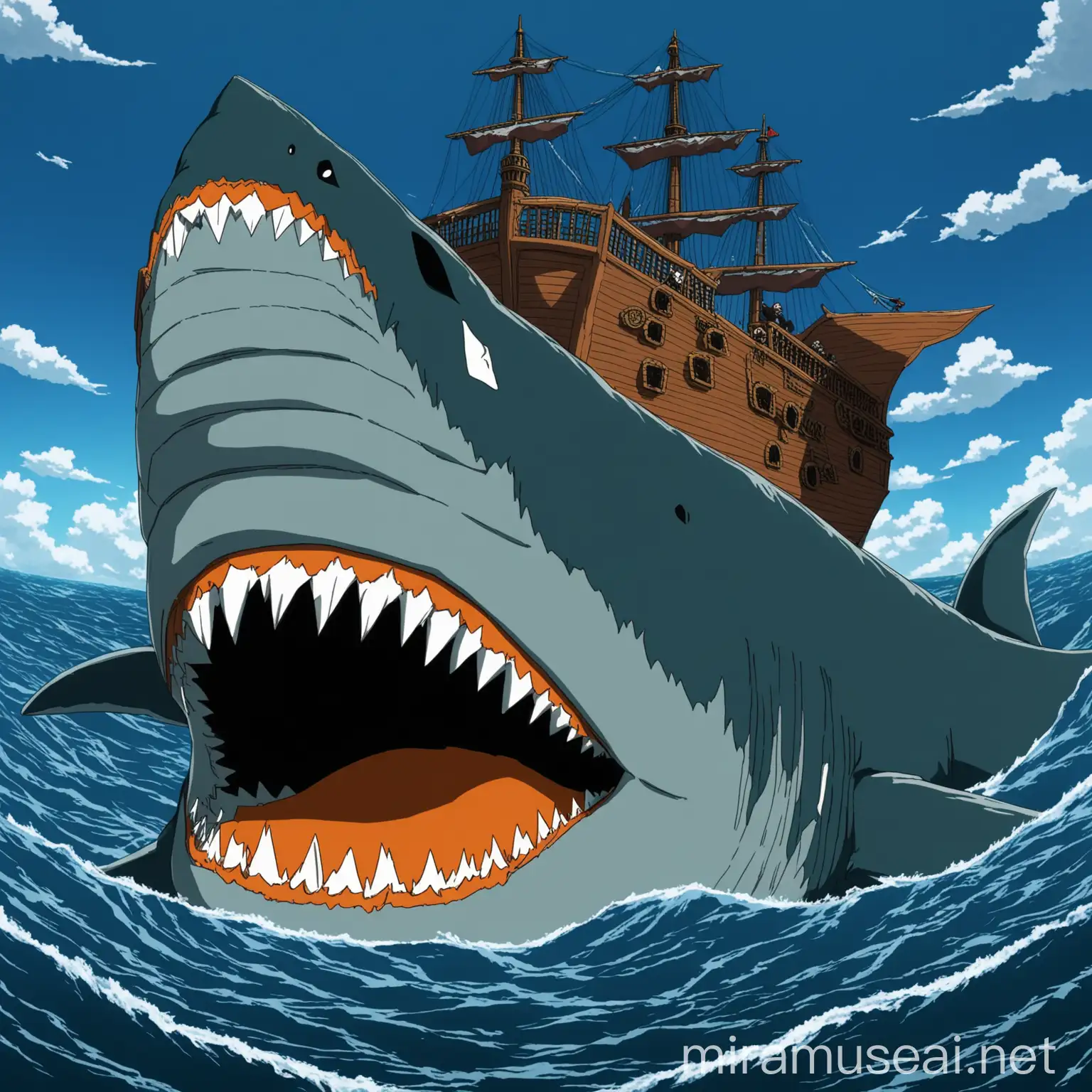 a giant orange megalodon acts as a pirate ship, the megalodon has 3 eyes. in an ocean. in anime
