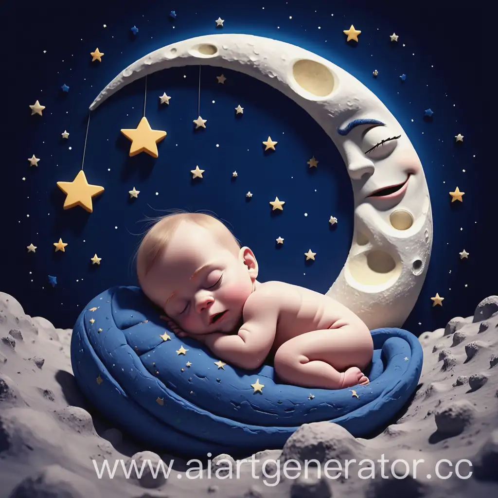 Малыш спит на Луне. Темно-Синее небо вокруг и большие звёзды. В стиле Pixar