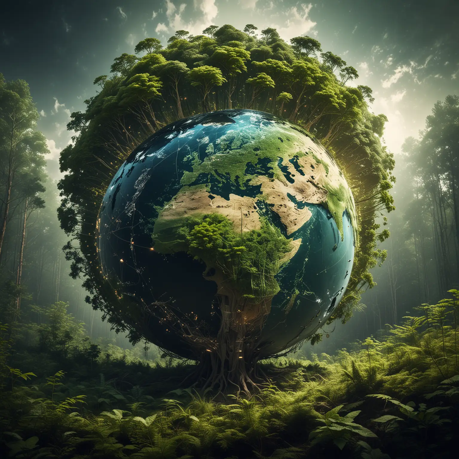 a technological earth with forests growing