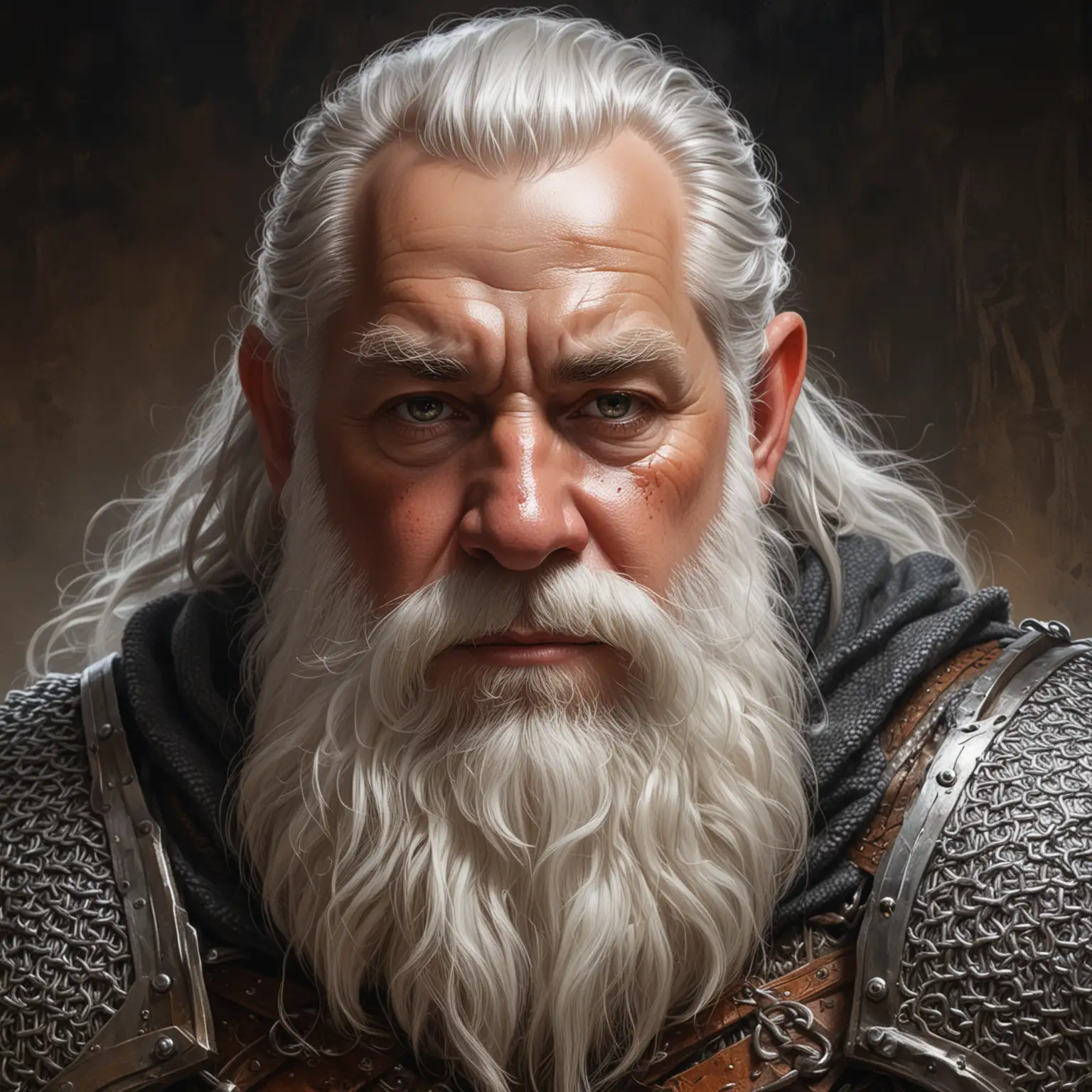 Fantasy novel cover painting style; close up portrait of dwarven warrior in chainmail; ruddy skin; white beard