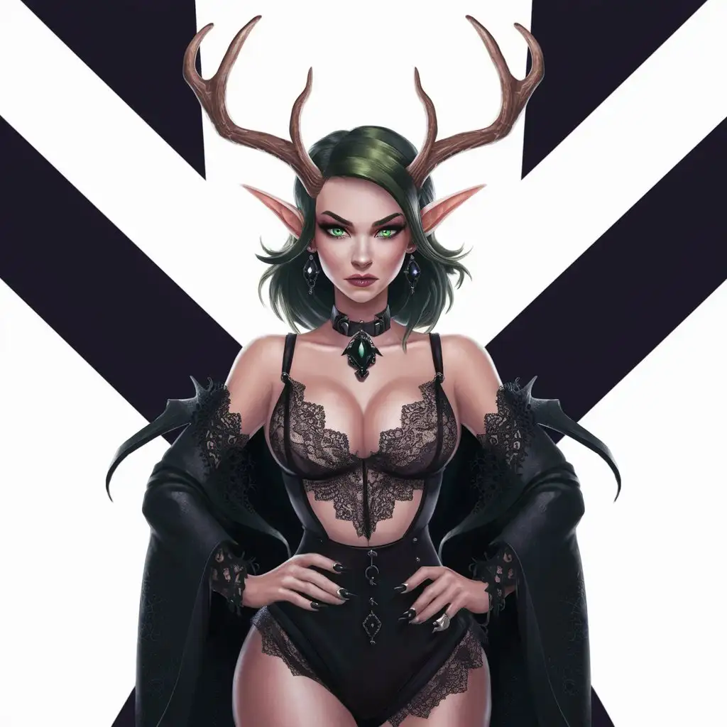 Female elf with antlers, green hair and eyes, sexy, gothic outfit, solid color background