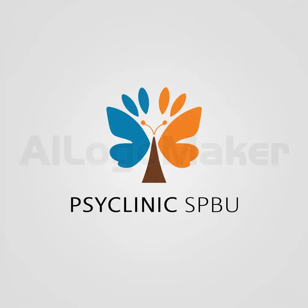 a logo design,with the text "PsyClinic SPBU", main symbol:minimalistic logo on white background in the form of a tree where the left half of the crown is blue and the right half is orange, in the middle of the crown connects in the form of a butterfly, the left wing of which is orange, and the right one is blue,Moderate,be used in Psychology industry,clear background
