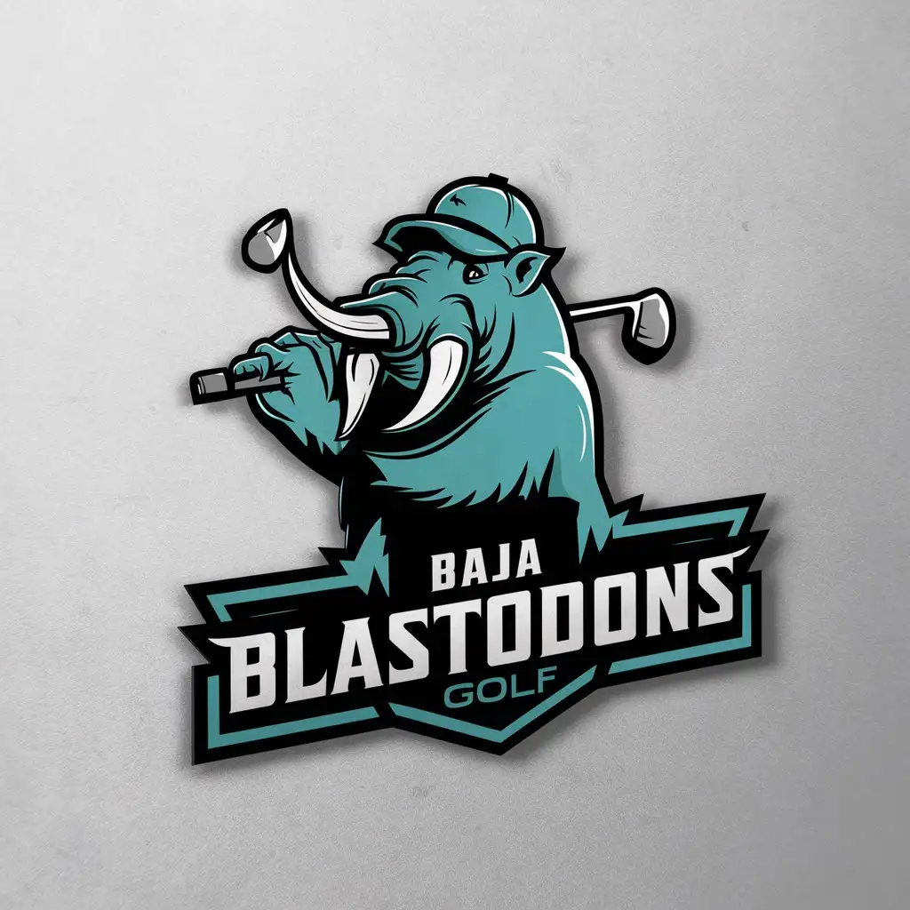 a logo design,with the text "Baja Blastodons", main symbol:Mastodon that is the color of Baja Blast, turquoise, Seafoam green. Golfing. Tough. Intimidating. Fantasy, golf clubs, mascot,Moderate,be used in Sports Fitness industry,clear background