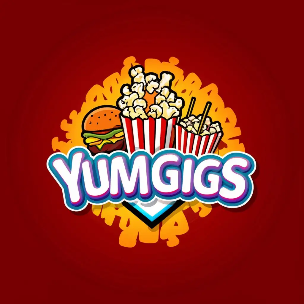 a logo design,with the text "YumGigs", main symbol:popcorn, burger, fries, colddrinks, other snacks etc,complex,be used in Entertainment industry,clear background