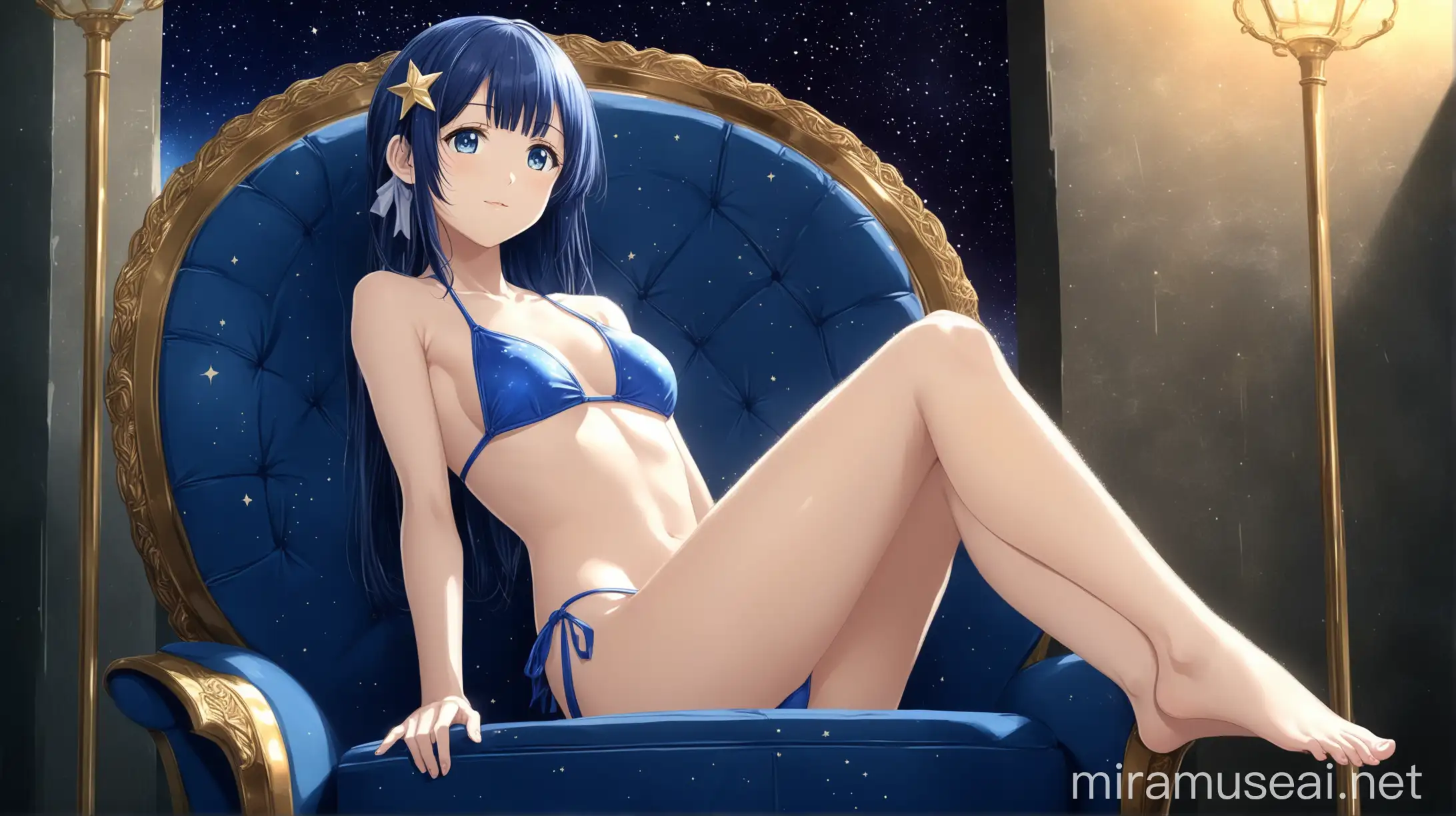 Guinai Fen Elegant Anime Beauty in Blue Bikini on Modern Chair
