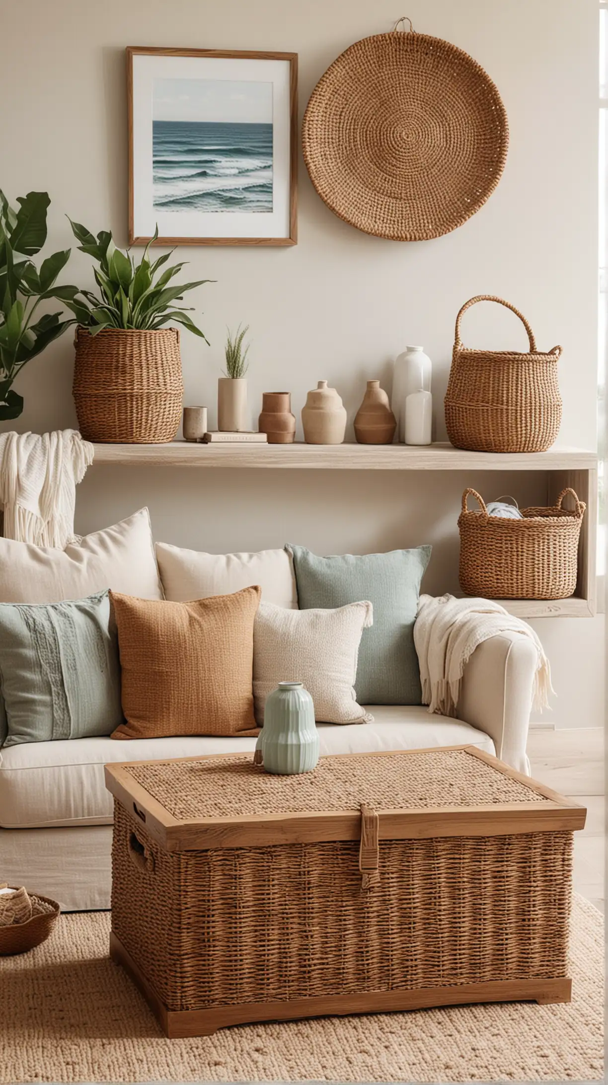 A boho-coastal living room with wicker baskets used for storage, adding a functional yet stylish touch to the space, complemented by neutral, earthy decor.