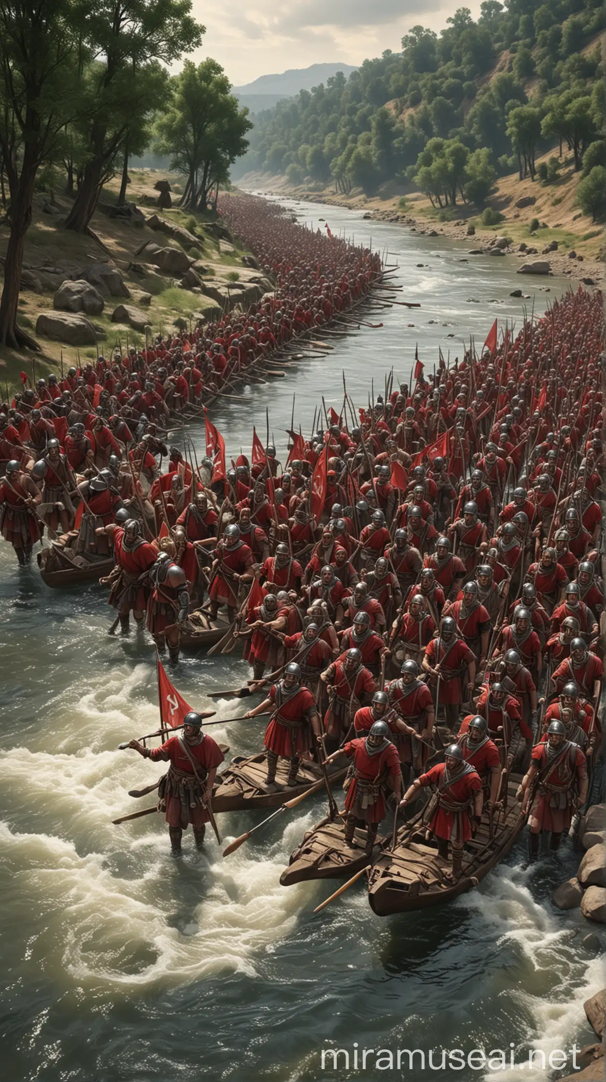 Caesar Crossing the Rubicon River with His Army Hyper Realistic Illustration