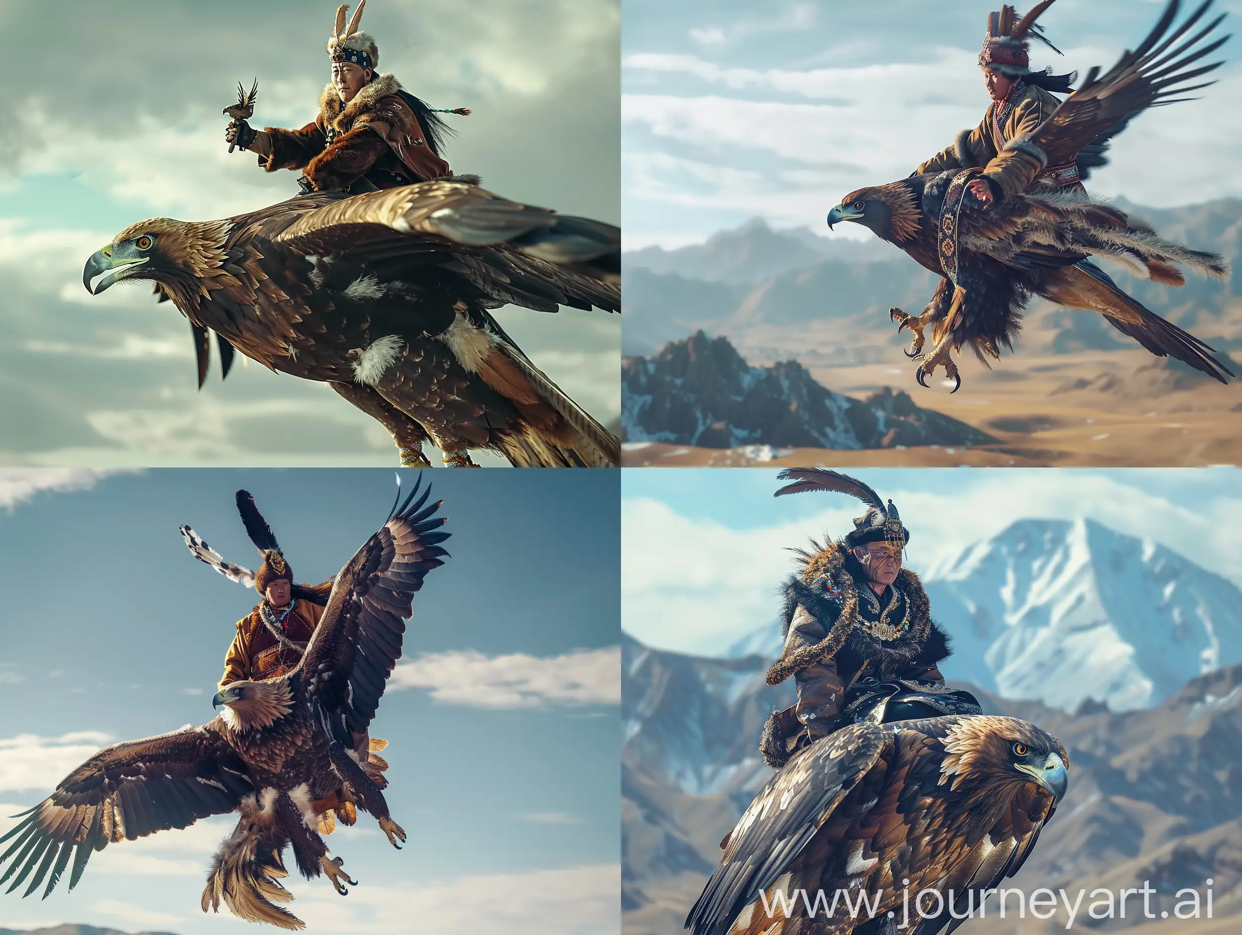 A mongolian shaman flying on the back of a huge sacred eagle, a prize-winning photo, realistic, ultrahd, HDR