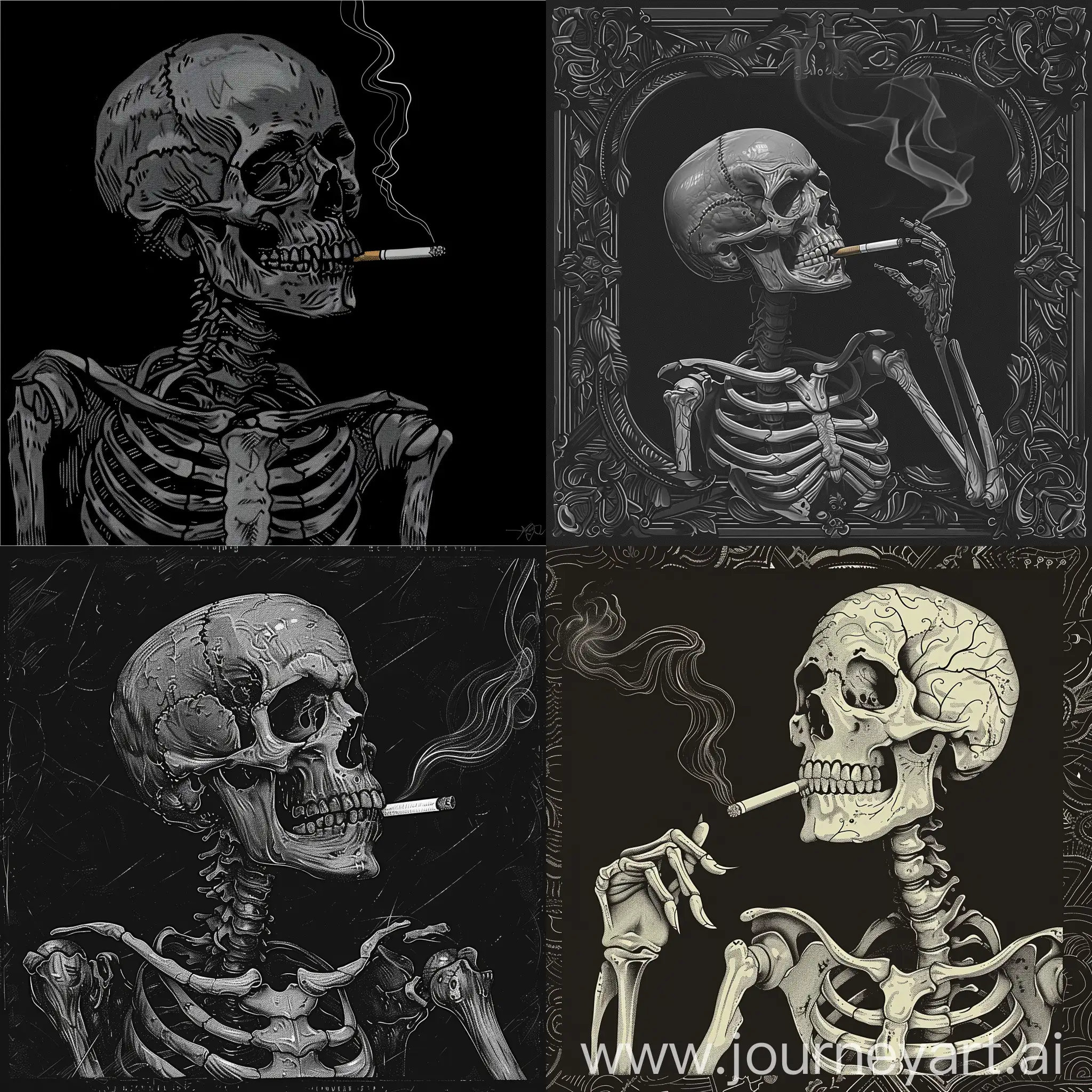 A haunting digital illustration of a skeleton elegantly smoking a cigarette, deep shadows enhancing the dark tones, intricate line work, square orientation --s 150 --ar 1:1 --c 5