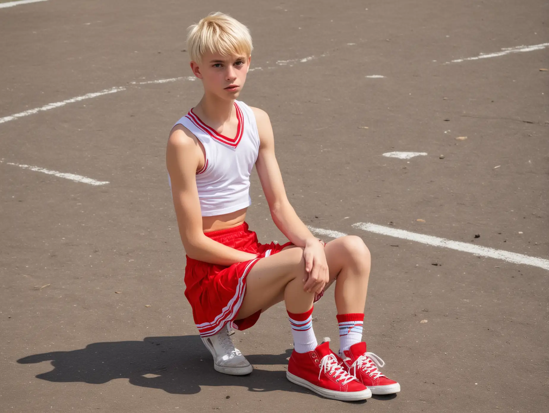 Slim Blonde Boy Cheerleader in Red Outfit at Football Game | AI Image  Generator