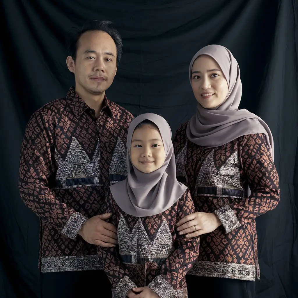 Foto studio keluarga indonesia muda 3 orang ayah, ibu, dan anak memakai baju yang sama yaitu batik. Ayah berumur 28 tahun sedikit tembem dengan tatanan rambut pendek hitam rapi, ibu berumur 24 tahun memakai hijab yang senada dengan baju. Anak perempuan usia 5 tahun berhijab. Background hitam, reaslistis, detail, 4k