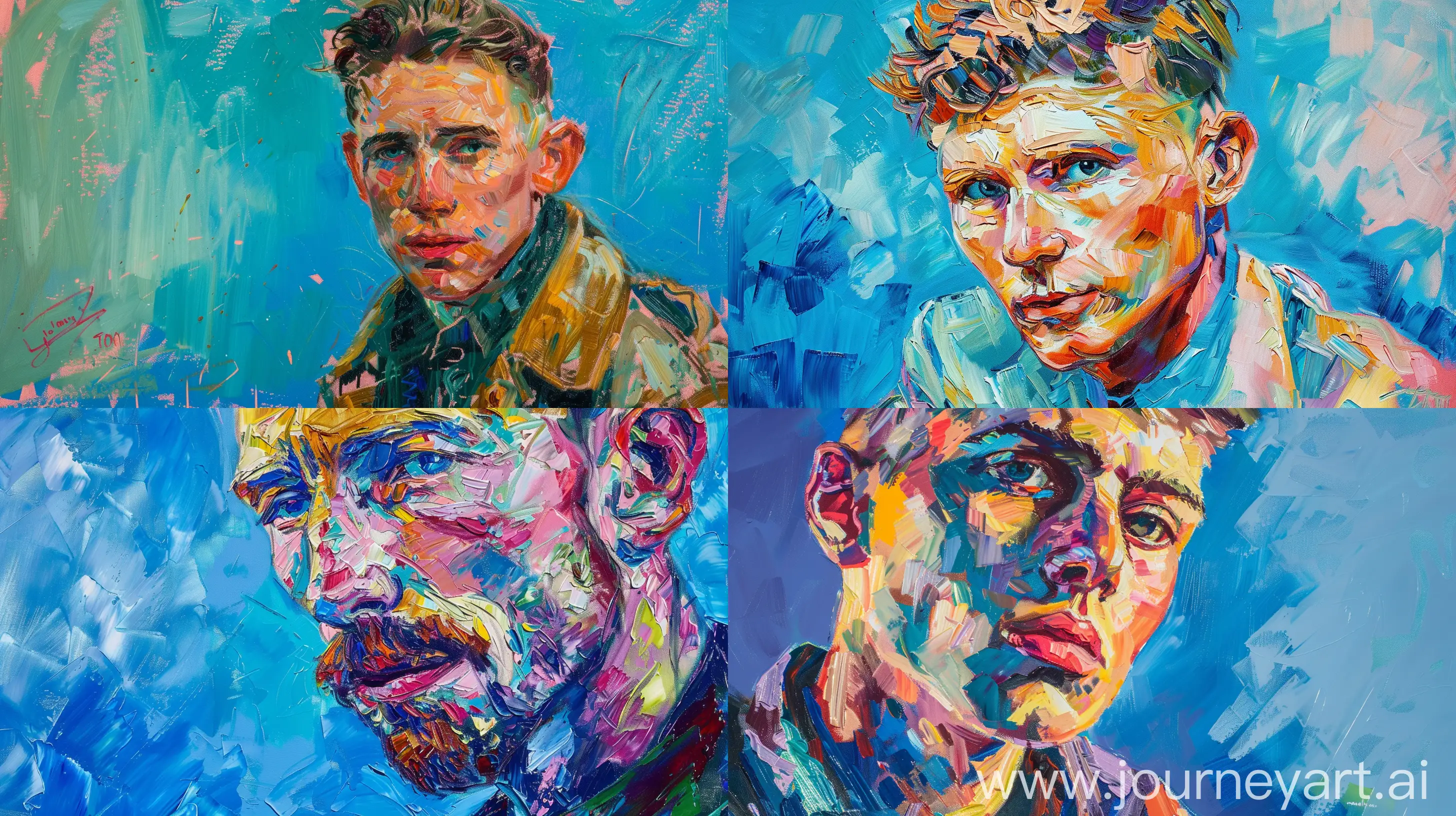 oil painting of tommy shelby in van gogh style with soft vibrant pastel colors with blue background --ar 16:9