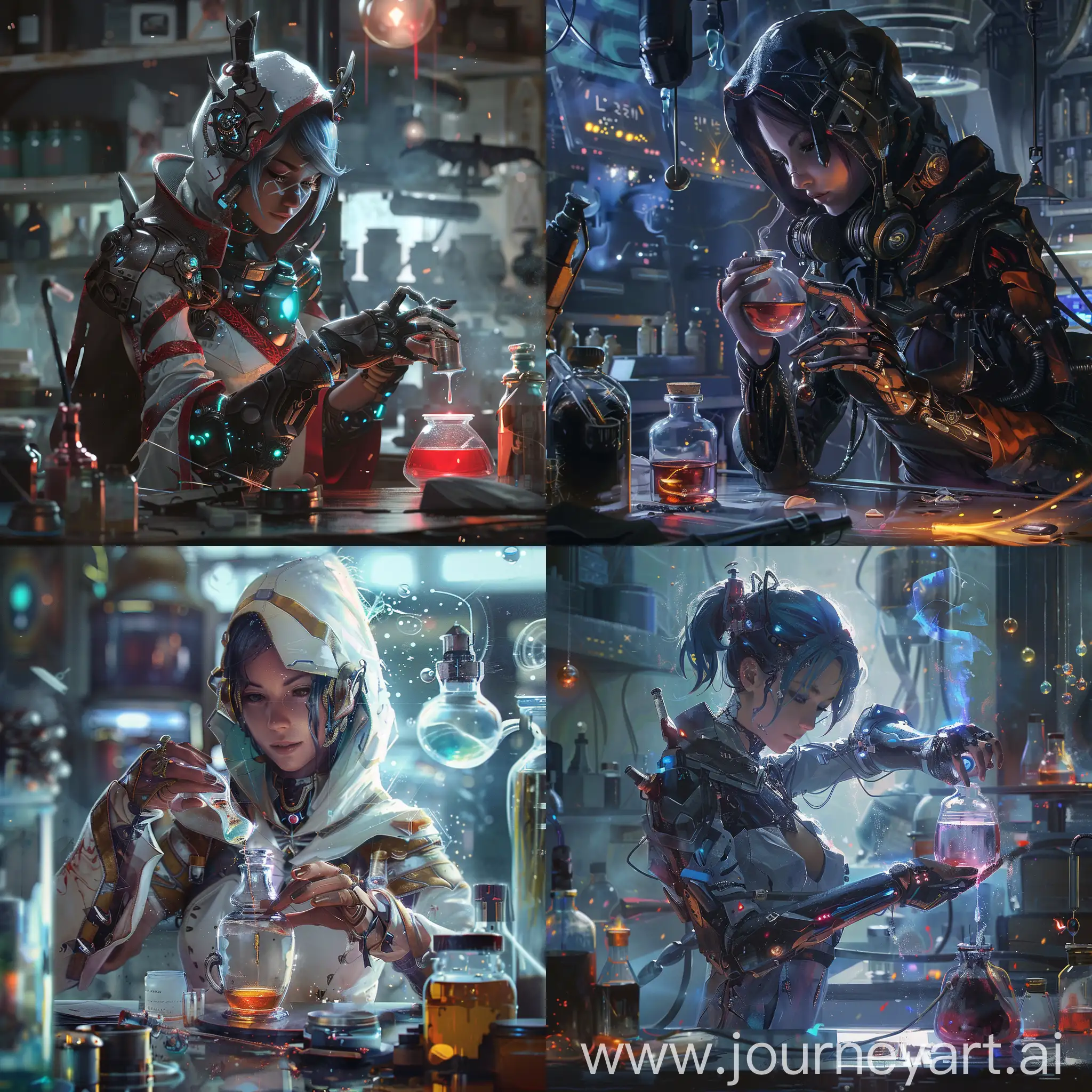 Enigmatic-Girl-Alchemist-Crafting-Potion-in-Warframe-Style