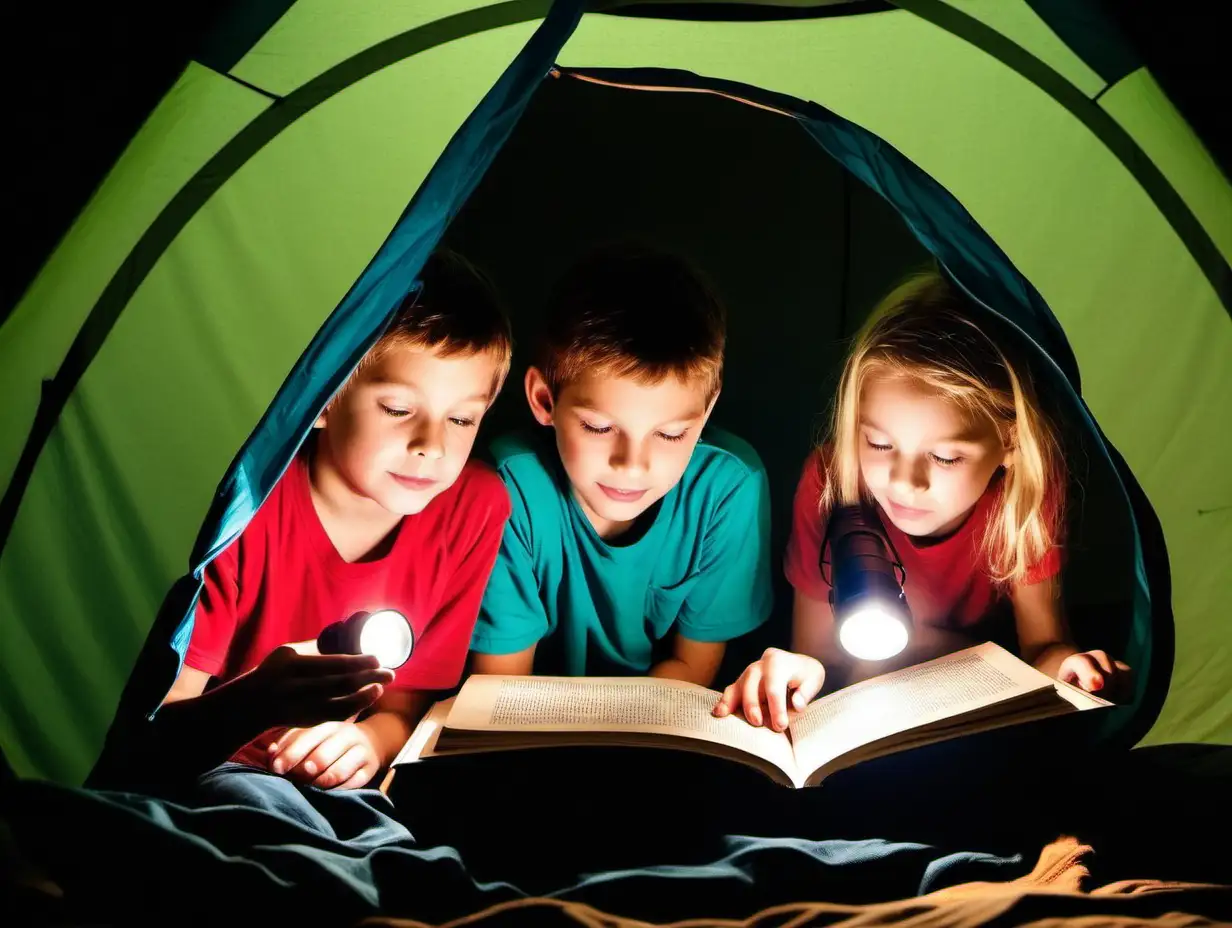 Kids reading books with flashlights in a tent