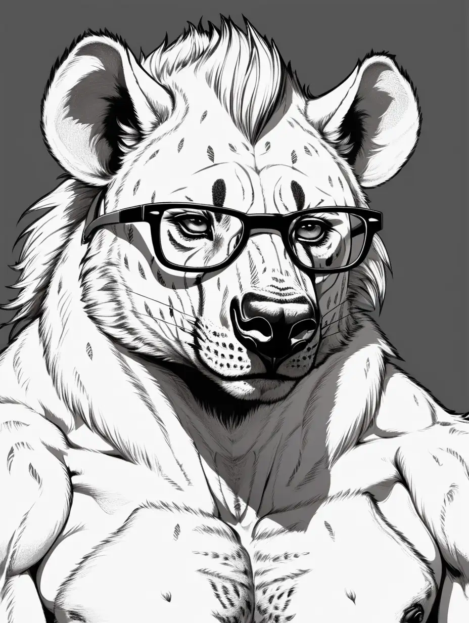 furry hyena panther breed , large massive bearlike body , wearing glasses  and  has naked chest , looking far away,  masculine  , clean line art..