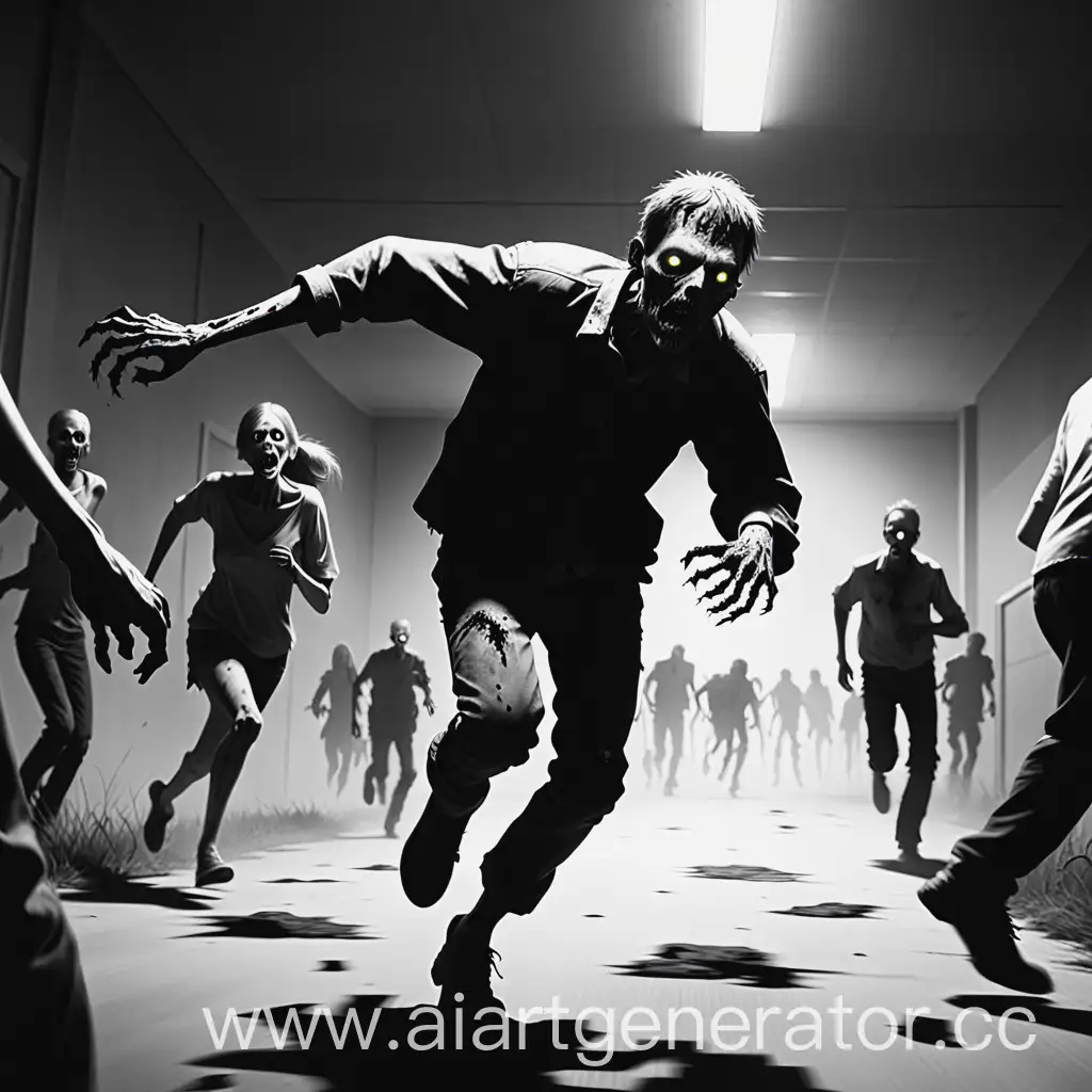 арт  project zomboid черных белых тонах, человек убегает от зомби 