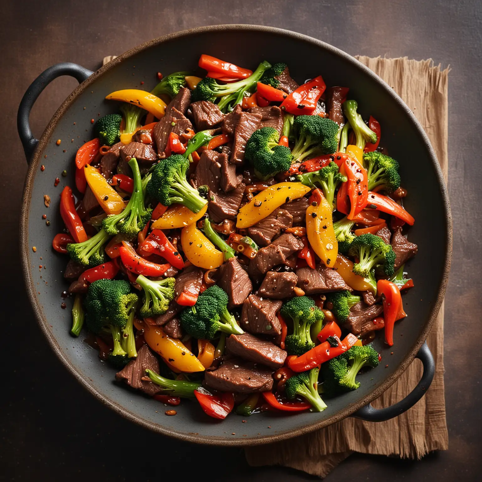 photo of delicious dark beef strips stir-fried with Mixed Bell Peppers and Broccoli