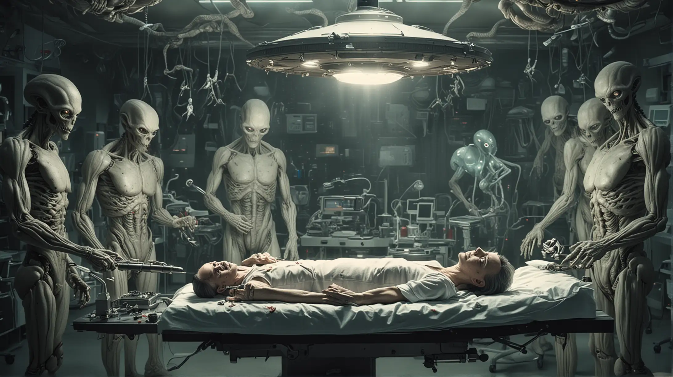UFO Abductee on Operating Table with Aliens and Scary Tools