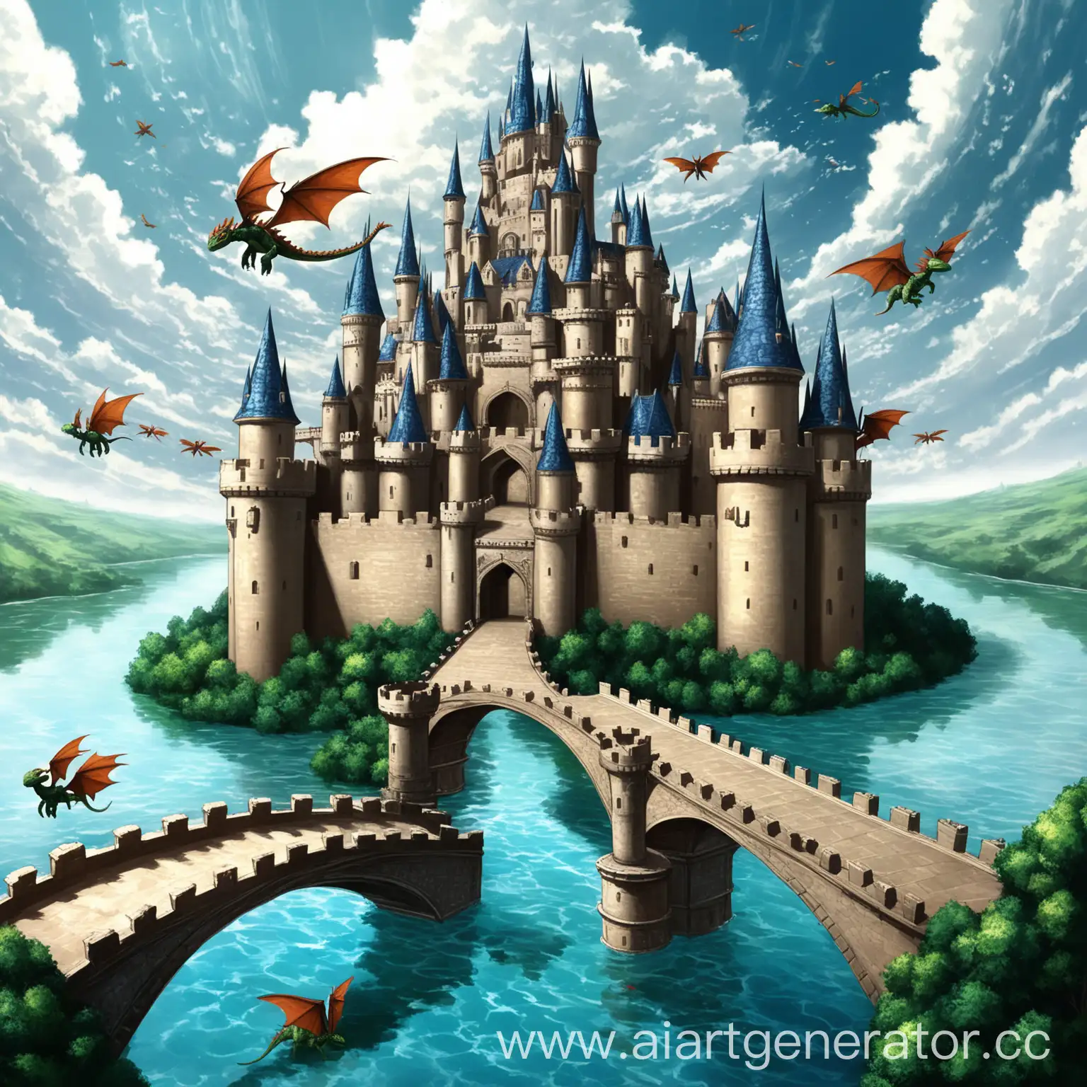 замок большой, вместо крыши шляпа магическая, стены как панцирь черепахи, окружен водой, через воду проложены мостики, рядом с замком есть купол. В небе летают драконы. 