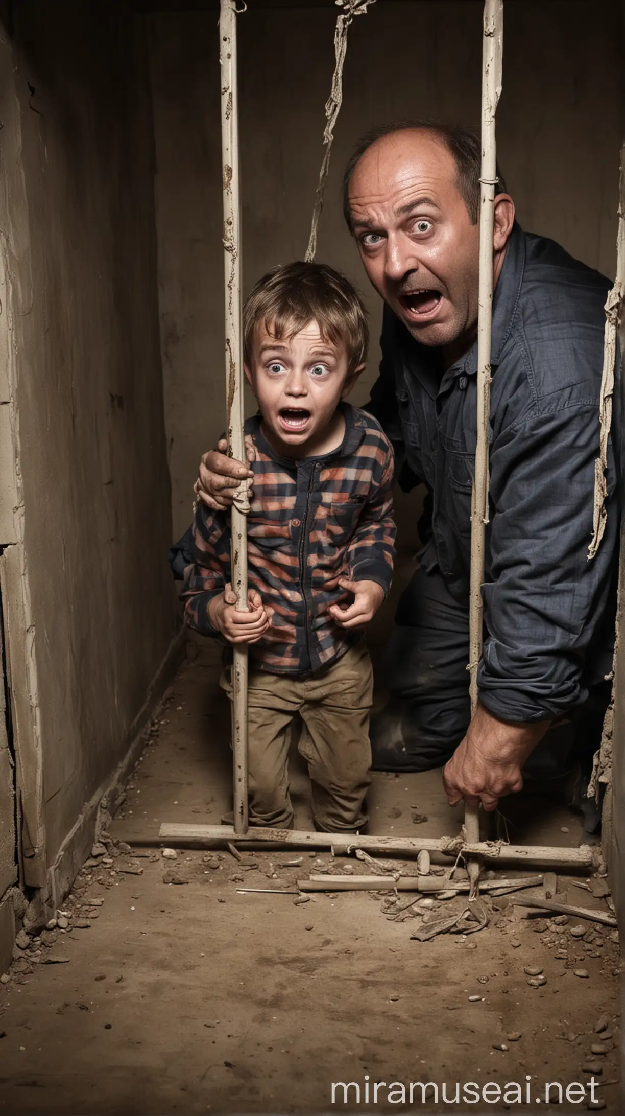 Frightened Child Trapped in Basement by Sinister Figure