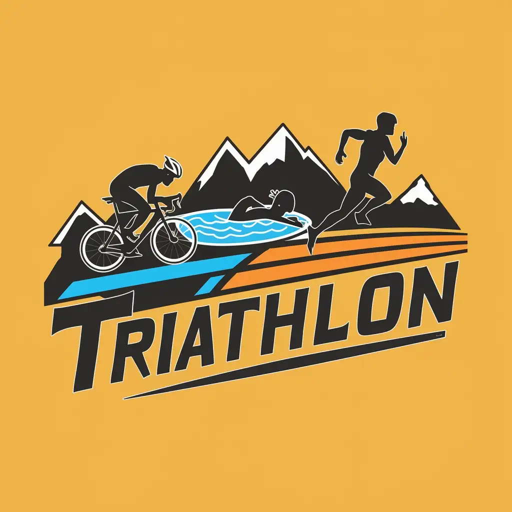 créer moi une logo  avec un cycliste un  nageur un coureur de couleur jaune orange et bleu pour le triathlon avec une inscription  triathlon