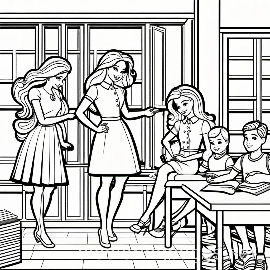 barbie at school with friends , Coloring Page, black and white, line art, white background, Simplicity, Ample White Space. The background of the coloring page is plain white to make it easy for young children to color within the lines. The outlines of all the subjects are easy to distinguish, making it simple for kids to color without too much difficulty